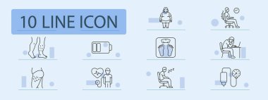 Obezite ana hatları simgesi. Varisli bacaklar, kilolu vücut, duruş eğrisi, düşük pil, ölçek, masa yorgunluğu, selülit, kalp kontrolü, uyuklama, basınç monitörü.