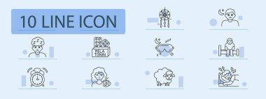 Uyku bozukluğu ikonu. Yorgun yüz, melatonin hapları, uyku tutucu, uykusuzluk, uyku maskesi, çalar saat, sabah kahvesi, koyun, huzursuz uyku, yorgunluk, gece, sağlık..