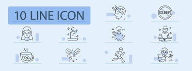 Uyku problemleri tek renkli set simgesi. Uyku maskesi, mum, beyin ağrısı, hayalet korkusu, uykusuzluk işareti, meditasyon, bitki çayı, ilaç, koşma, yastıkla hüzün.