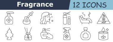 Koku dizisi simgesi. Sabun makinesi, damlatıcı şişesi, kadın profili, parfüm spreyi, kanepe aroması, koku piramidi, oda spreyi, kamış yayıcı, şişeli el, tetik spreyi, flakon, aroma mumu.