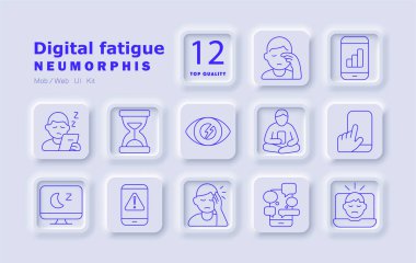 Dijital yorgunluk seti simgesi. Göz gerginliği, ekran süresi, aşırı kullanım, tükenme, stres, uyku bozukluğu, cihaz bağımlılığı, tebligatlar, sosyal medya, yorgunluk, uyarı, acı, dikkat dağınıklığı, mobil aşırı yüklenme.