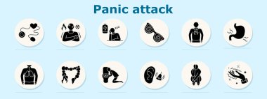 Panik atak ikonu. Basınç göstergesi, göğüs sıcaklığı salınımı, uykusuzluk, spiral görüş, göğüs alevi, mide krampı, akciğerler, kolon ateşi, kusma, kulak zili, panik çöküntüsü, el titremesi.