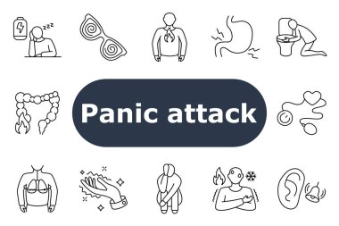 Panik atak ikonu. Enerji kaybı, kafa karışıklığı, göğüs yangını, mide gerilimi, kusma, kalp atışı, mide yanması, akciğerler, el sıkışma, korku, sıcaklık, kulak çınlaması, nefes darlığı, anksiyete.