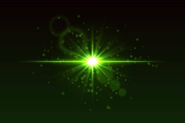 Işık patlaması, parlak parçacıklar ve ince mercek alev halkaları. Sinema ya da bilim kurgu görüntüsü için siyah arkaplanda ışık saçan yıldız.