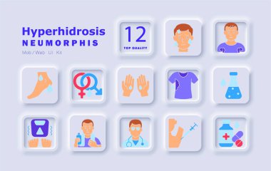 Hiperhidroz ikonu. Aşırı terleme, avuç içi, ayak, koltuk altı, yüz, anksiyete, dengesizlik, tedavi, iğne, deodorant, ıslak kıyafetler, tıbbi yardım, sıcaklık reaksiyonu, doktor muayenesi..