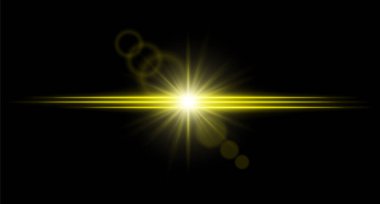 Parlak renk alevi, parlak ışık ve koyu arkaplanda lens halkaları. Yoğun yatay ışınlar ile ışık patlaması.