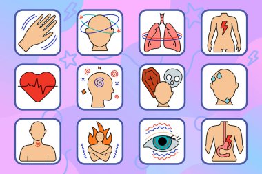 Panik bozukluk ikonu. Titreyen ellerin çizgi sanat simgeleri, baş dönmesi, kalp atışları, göğüs sıkışması, ölüm korkusu, mide bulantısı, sıcak sifon, hızlı nefes, kafa karışıklığı, zihin karışıklığı