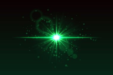 Işık patlaması, parlak parçacıklar ve ince mercek alev halkaları. Sinema ya da bilim kurgu görüntüsü için siyah arkaplanda ışık saçan yıldız.