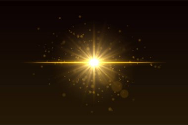 Merkezi ışık patlaması, parçacıklar ve parıldayan ışıltı. Yoğun yıldız patlaması, karanlık arkaplan üzerinde enerji etkisi yaratır.