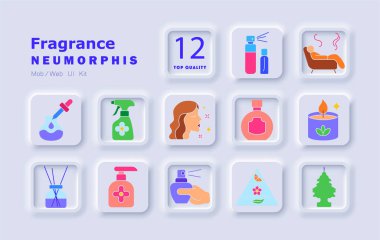 Koku dizisi simgesi. Temel yağlar, spreyler, çiçekler, aroma kokan kadın, şişe şekilleri, notlar piramidi, kokulu mum, oda spreyi, rahatlatıcı kanepe, parfüm terapisi.