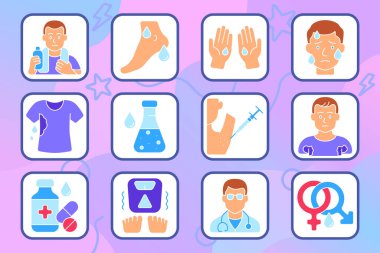 Hyperhidrosis set icon. Excess sweating, feet, armpits, hands, face, wet shirt, skin imbalance, injection, medicine, doctor visit, gender difference, humidity reaction.