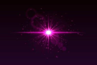 Işık patlaması, parlak parçacıklar ve ince mercek alev halkaları. Sinema ya da bilim kurgu görüntüsü için siyah arkaplanda ışık saçan yıldız.