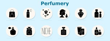 Parfüm seti simgesi. Alışveriş çantası, sprey şişesi, gül kokusu, parfümlü profil, mücevher şişesi, mililitre kavanozu, atomizer, yay şişesi, nikel etiketi, kare şişe, kokulu mumlar.