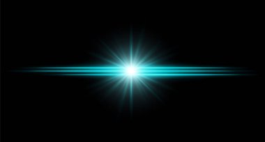 Mavi işaret fişeği. Radyasyon ışınları ile parlak yatay ışınlar, koyu arkaplanda yüksek kontrast merkezi patlaması, keskin kenarlı temiz aydınlatma ve yumuşak halo.