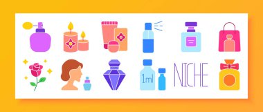 Parfüm ve parfüm seti ikonu. Şişeler, atomizörler, yağlar, test tüpleri, spreyler, kozmetikler, mumlar, çiçekler, cilt kavanozları, ambalajlar, ve renkli kokuyla ilgili görseller.