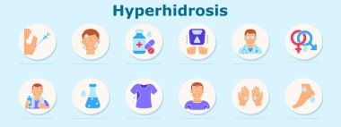 Hiperhidroz ikonu. Koltuk altı enjeksiyonu, terleyen yüz, ilaç, ıslak ayaklar, doktor, cinsiyet sembolü, su şişesi, laboratuvar şişesi, ıslak gömlek, ıslak gövde, ıslak eller, ıslak ayak.