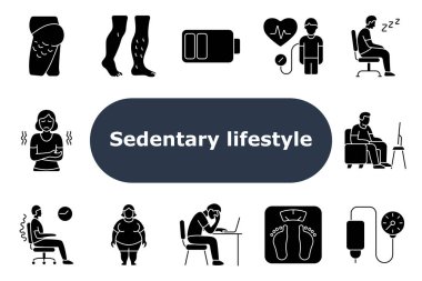 Sabit yaşam biçimi simgesi. Selülit, varis, düşük enerji, kalp basıncı, uykusuzluk, mide rahatsızlığı, obezite, omurga ağrısı, ölçek, hareketsizlik, ekran zamanı, oturma zamanı, kan basıncı,.