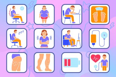 Sabit yaşam biçimi simgesi. Kötü duruş, obezite, yorgunluk, kilo alma, kan basıncı, uyuşukluk, şişkinlik, dolaşım bozukluğu, uykusuzluk, sırt ağrısı, sandalye zamanı, hareketsizlik.