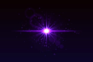 Işık patlaması, parlak parçacıklar ve ince mercek alev halkaları. Sinema ya da bilim kurgu görüntüsü için siyah arkaplanda ışık saçan yıldız.