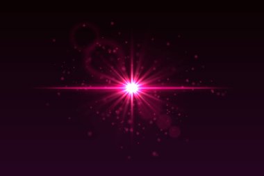 Işık patlaması, parlak parçacıklar ve ince mercek alev halkaları. Sinema ya da bilim kurgu görüntüsü için siyah arkaplanda ışık saçan yıldız.