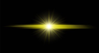 Sarı işaret fişeği. Radyasyon ışınları ile parlak yatay ışınlar, koyu arkaplanda yüksek kontrast merkezi patlaması, keskin kenarlı temiz aydınlatma ve yumuşak halo.
