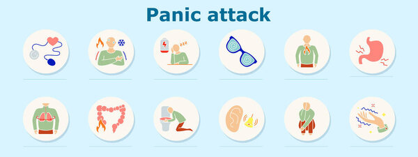 Panic attack set icon. Depicts pressure gauge, chest temperature swings, sleepiness, spiral vision, chest flame, stomach cramp, lungs, colon fire, vomiting, earbell, panic crouch, hand tremor