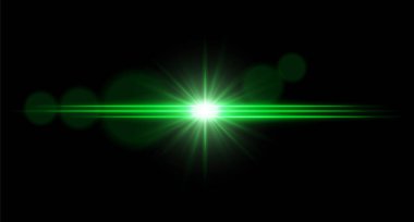 Merkezi parıltılı ve parlak yıldız patlamalı parlak yatay ışık parlaması. Koyu arkaplan üzerinde bilim-kurgu görsel efekti.