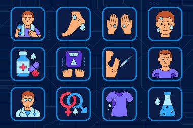 Hiperhidroz ikonu. Terli adam, ayaklar, eller, ıslak yüz, ilaç, ölçü, koltuk altı enjeksiyonu, el sıkışma, doktor muayenesi, cinsiyet farkı, ıslak gömlek, sıvı örneği..