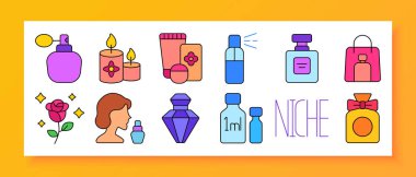 Parfüm seti ikonu. Sprey şişeleri, mumlar, ambalajlar, yüz profili, lüks şişe, etiketli örnek, alışveriş çantası, fiyonk şişesi, yıldızlar, çiçek ayrıntıları, cam formlar