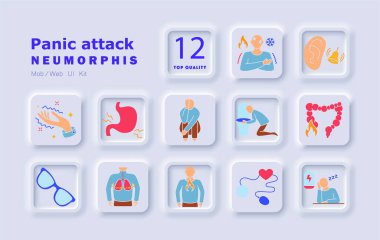Panik atak ikonu. Nefes darlığı, baş dönmesi, korku, mide bulantısı, mide rahatsızlığı, bağırsak sorunları, göğüs basıncı, hızlı kalp, bulanık görme, titreme, yorgunluk, aşırı duyarlılık..