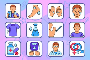 Hiperhidroz ikonu. Koltuk altı enjeksiyonu, terleyen yüz, ilaç, ıslak ayaklar, doktor, cinsiyet sembolü, su şişesi, laboratuvar şişesi, ıslak gömlek, ıslak gövde, ıslak eller, ıslak ayak.