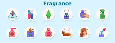 Koku dizisi simgesi. Koku piramidi, atomizörler, ağaç kokusu, difüzör, spreyli burun, temiz şişe, el sabunu, mum, matara, aroma çizgileri, yüz profili, temel yağ damlası