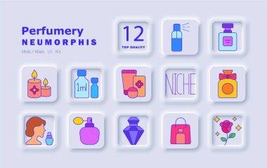 Parfüm seti simgesi. Şişeler, güzel kokular, aroma yağları, parfümlü kadınlar, lüks flakonlar, testçiler, ambalajlama, mumlar, çiçek notları, aksesuarlar, kozmetik ürünleri, zarafet, koku pazarı.
