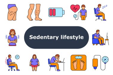 Sabit yaşam biçimi simgesi. Selülit, varis, düşük enerji, kalp basıncı, uykusuzluk, mide rahatsızlığı, obezite, omurga ağrısı, ölçek, hareketsizlik, ekran zamanı, oturma zamanı, kan basıncı,.