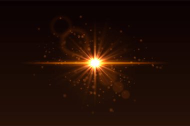 Işık patlaması, parlak parçacıklar ve ince mercek alev halkaları. Sinema ya da bilim kurgu görüntüsü için siyah arkaplanda ışık saçan yıldız.