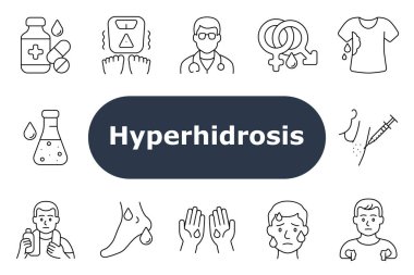 Hiperhidroz ikonu. Terleme ilacı, titreme ölçeği, doktor, hormonlar, ıslak gömlek, laboratuar beher, enjeksiyon, su, terleyen ayak, ıslak el, koltuk altı, endişeli yüz ifadesi..