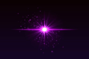 Parlayan parçacıkları olan parlak mor bir flaş. Yumuşak parıltılı yıldız şeklindeki patlama sihirli ışık efekti yaratır.