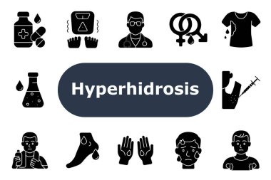 Hiperhidroz ikonu. Terleme ilacı, titreme ölçeği, doktor, hormonlar, ıslak gömlek, laboratuar beher, enjeksiyon, su, terleyen ayak, ıslak el, koltuk altı, endişeli yüz ifadesi..