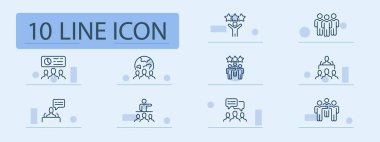 Takım çalışması simgesi. Yıldız, grafik, küre, sohbet baloncukları ve sunumları ile gruplandırılmış insan figürleri dijital çizgi tasarımında geri bildirim, işbirliği ve liderliği sembolize eder.