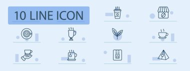 Kahve ve çay seti ikonu. Bardaklar, kupalar, yaprak, kalp latte sanatı, paket kahve makinesi, otomat, üçgen çanta, el hareketi kafede, içecek, servis, dükkan kavramlarında kullanılıyor.