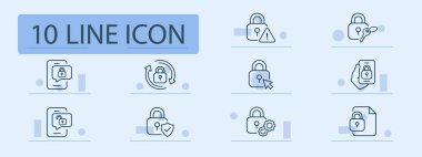 Güvenlik kilidi simgesi ayarlandı. Kilit, kalkan, el, işaretçi, güncelleme döngüsü, uyarı üçgeni, anahtar, belge koruması, gösterilen dişli ayarları ile mobil