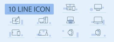 Elektronik aygıt simgesi ayarlandı. Kullanım, işlevsellik ve dijital donanım ortamlarını gösteren masaüstü, laptop, tablet, smartwatch, stylus çizim ve aygıt kombinasyonlarını içerir.