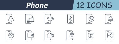 Telefon ayarlama simgesi. Akıllı telefon arayüzü, uyarı uyarısı, kablosuz kilit, paylaşım ağı, dijital cüzdan, eğitim başlığı, hızlı arama, bluetooth sinyali, ev kontrolü, gözden geçirme yıldızı ve geri dönüşüm sembolü