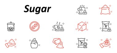Şeker seti ikonu. Kavanozlar, küpler, kepçeler, eller, kese, içecekler, paketler, etiketler, tatlandırıcı alternatifler ve gıda etiketleme temaları için minimum siyah ve kırmızı çizgi çizgisi olan şekersiz semboller
