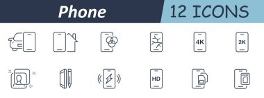 Telefon ayarlama simgesi. Araç, ev, boya kipli akıllı telefon, çatlak ekran, görüntü çözünürlüğü, fotoğraf, şarj etme, kalem, sim kart, zoom, titreşim ve HD ekran sembolleri.