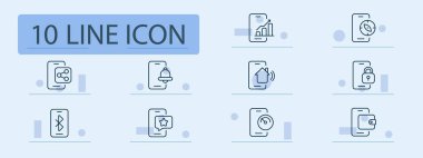 Mobil araç seti simgesi. Analiz, navigasyon, uyarı, kilit, paylaşım, akıllı ev, performans, cüzdan, yıldız, bluetooth ögesi gösterilen akıllı telefon