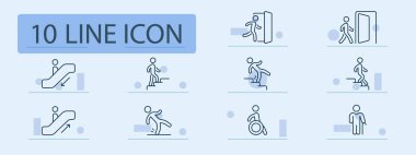 Hareket ve erişim simgesi. Yürürken, girerken, çıkarken, düşerken, tırmanırken, yürüyen merdivenleri, tekerlekli sandalyeleri ve hareket yardımlarını kullanan insanları gösteren çizgi çizimleri.