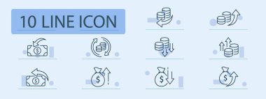Finans ve para ayarlama simgesi. Dolar banknotları, para desteleri, para çantaları, oklar ve gelir, transfer, tasarruf, geri ödeme ve ekonomik büyüme görselleri için özetlenmiş tabelalar