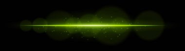 Işık patlaması. Parlak yatay ışın, yüzen parçacıklar ve lens bulanıklığı. Işıltı, enerji veya parıldayan dijital efektleri görselleştirmek için ideal.
