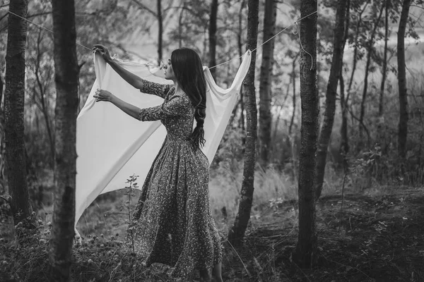 Beautiful Young Woman Black Dress Sword Veil Posing Forest Stockafbeelding